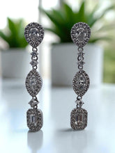 Load image into Gallery viewer, 18K White Gold Chandelier Earrings with Pear, Marquise & Emerald Cut Diamonds, Round Halos