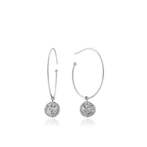 silver coin medallion open hoop earrings. Our Silver Boreas Hoop Earrings are also available in gold and rose gold.