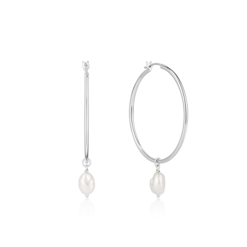  silver pearl hoop earrings medium-sized hoop earring is complete with our collection’s signature baroque fresh water pearl. Material: rhodium plated on sterling silver with baroque pearl
