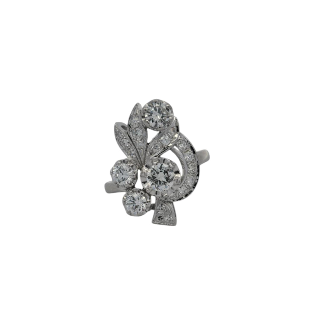 14K White Gold 1.75ctw Gothic Freeform Floral Diamond Ring with Illusion, Bead Set & Milgrain Accents