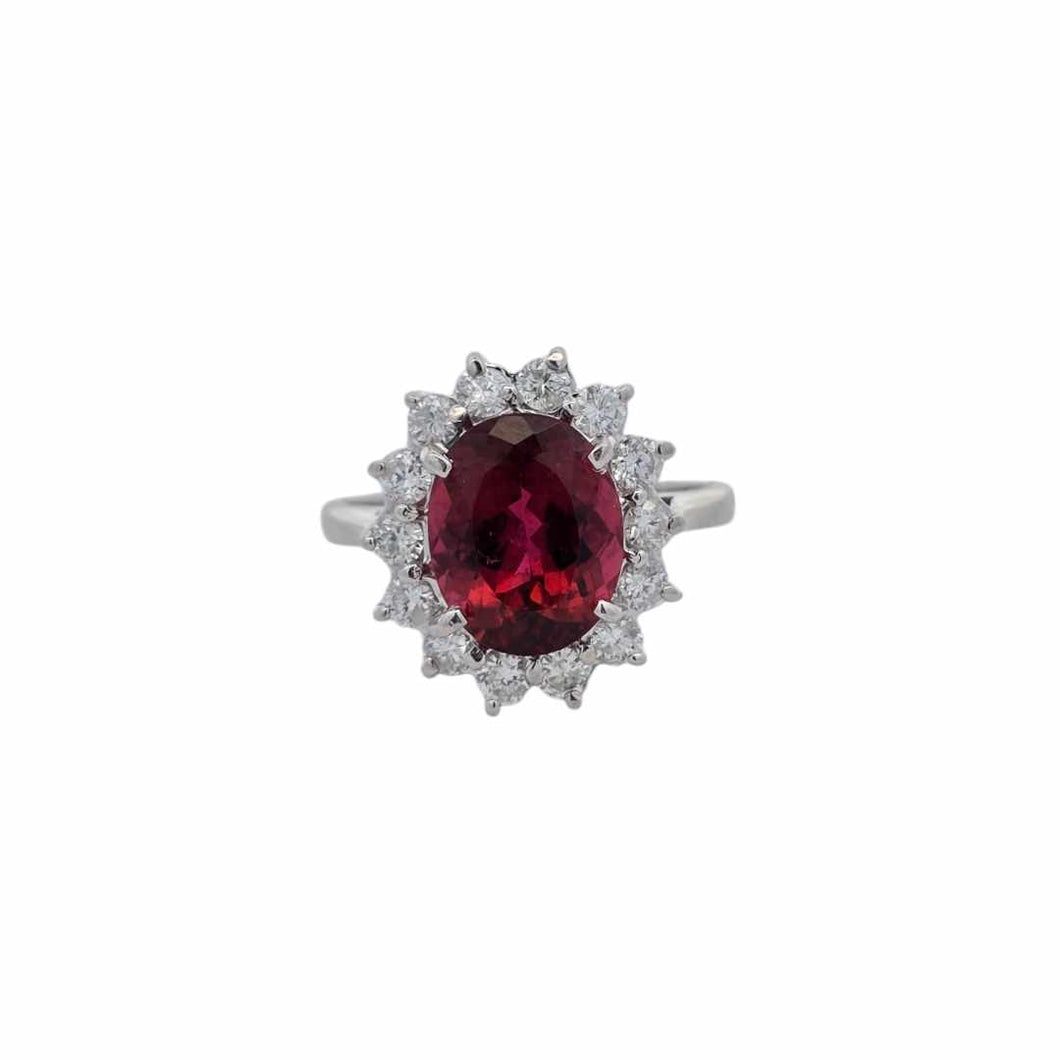14K White Gold 3ct Pink/Red Tourmaline with 0.56ctw Diamond Halo Accents