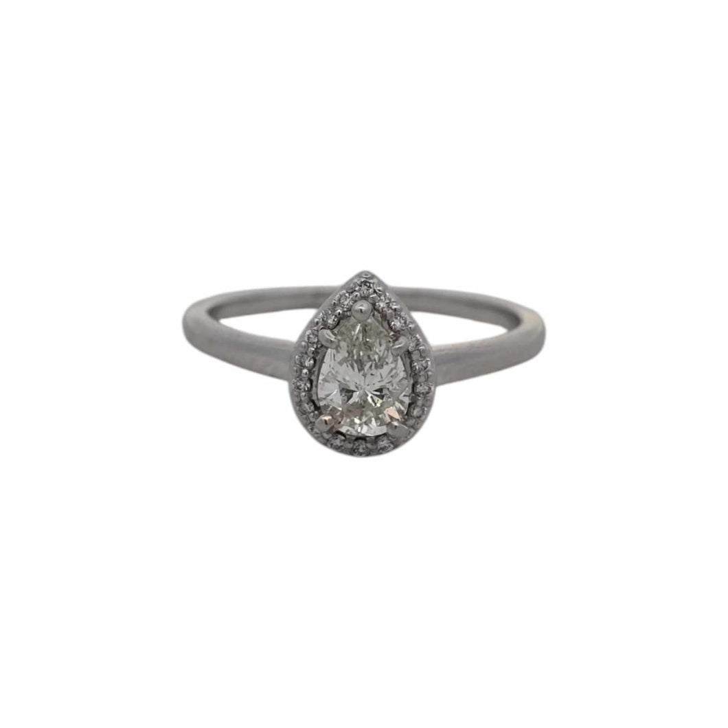 14K White Gold .53ct Pear-Shaped Diamond Halo Cathedral Solitaire Ring