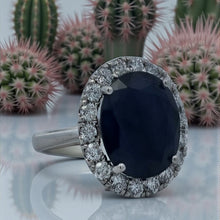 Load image into Gallery viewer, 14K White Gold Oval Blue Sapphire Ring with Diamond Halo
