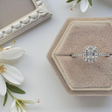 Load image into Gallery viewer, 14K White Gold Emerald-Cut Diamond Halo Ring
