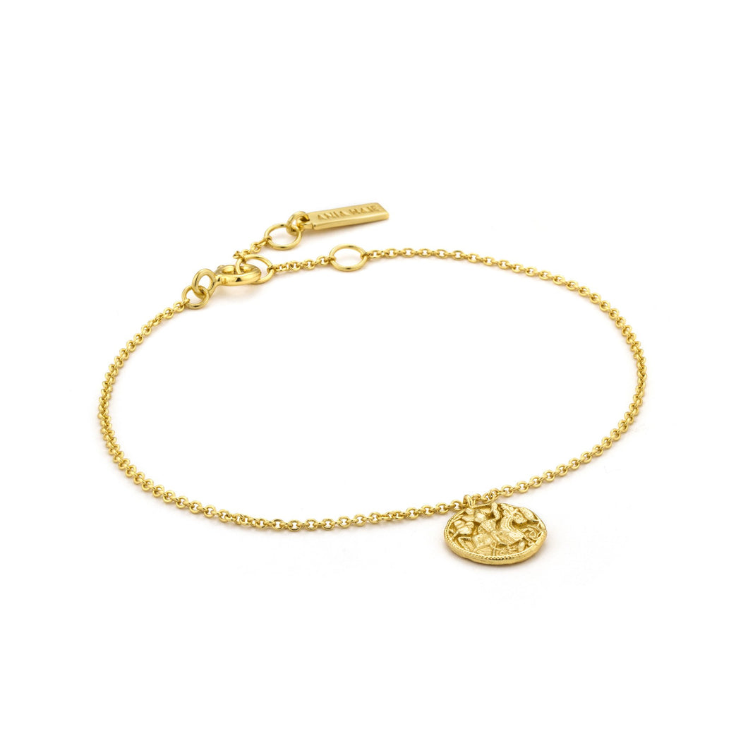  gold chain bracelet featuring a greek warrior coin.  • Material: 14kt gold plated on sterling silver