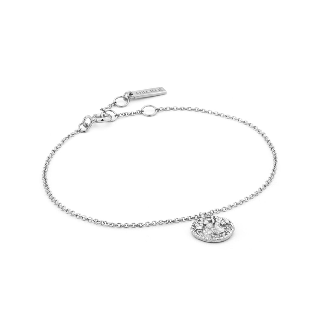  silver chain bracelet featuring a greek warrior coin. 