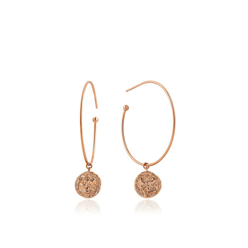 rose gold coin medallion open hoop earrings. Our Rose Gold Boreas Hoop Earrings are also available in gold and silver.