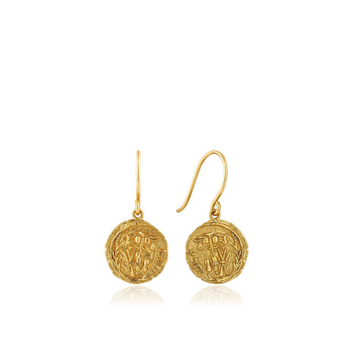 gold coin hook earrings, inspired by ancient Roman coins. They are the perfect piece to wear alone or stacked with stud earrings. Our Gold Emblem Hook Earrings are also available in silver and rose gold.