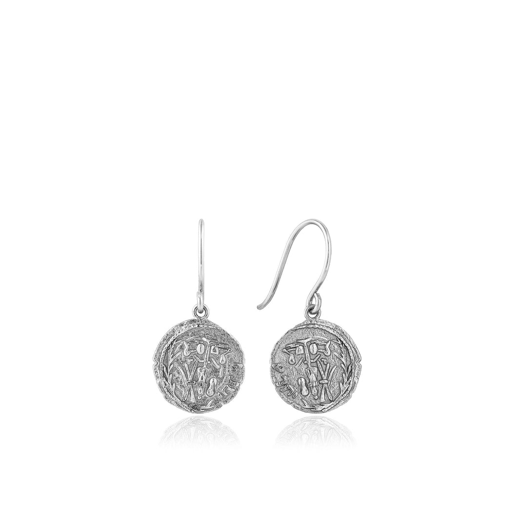 silver coin hook earrings, inspired by ancient Roman coins. They are the perfect piece to wear alone or stacked with stud earrings. Our Silver Emblem Hook Earrings are also available in gold and rose gold.