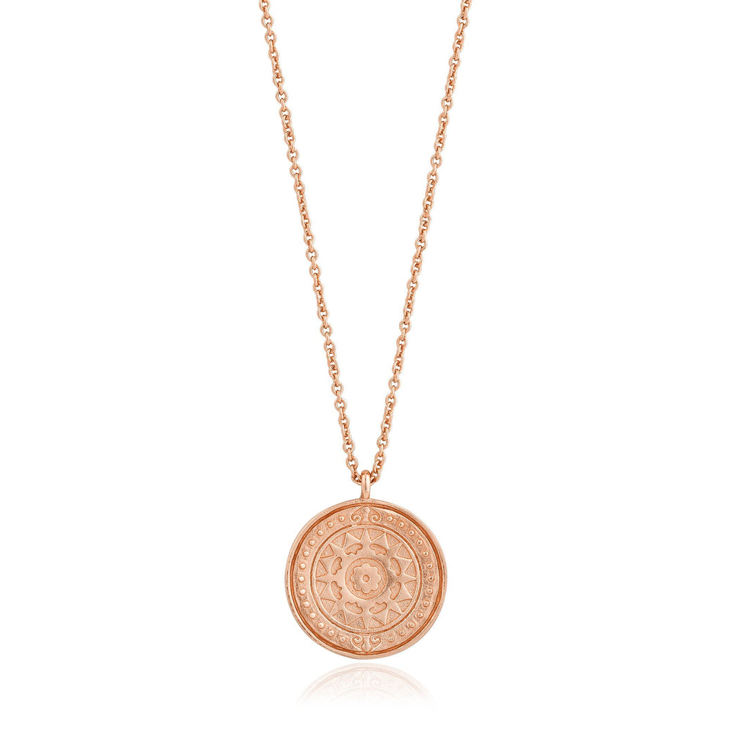 rose gold medallion chain necklace to your wardrobe for instant shine. Our Rose Gold Verginia Sun Necklace is also available in gold and rose gold.