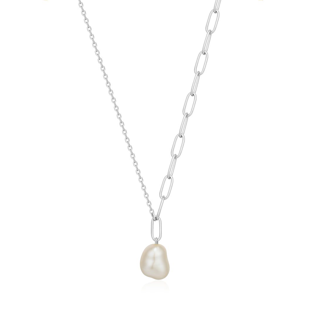 Silver Pearl Chunky Necklace  rhodium plated on sterling silver with baroque pearl