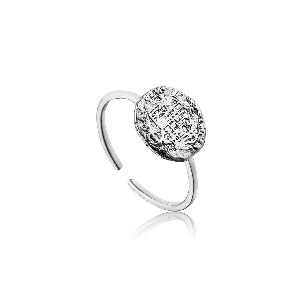 adjustable silver ring design with thin band details is inspired by Roman coins 