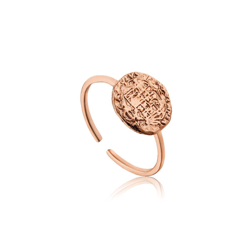 adjustable rose gold ring design with thin band details is inspired by Roman coins Material: 14kt rose gold plated on sterling silver • Band style: adjustable