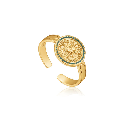  gold adjustable emblem ring embellished with turquoise enamel brings a subtle pop of color to any outfit.  Our Gold Emperor Adjustable Ring is only available in gold.