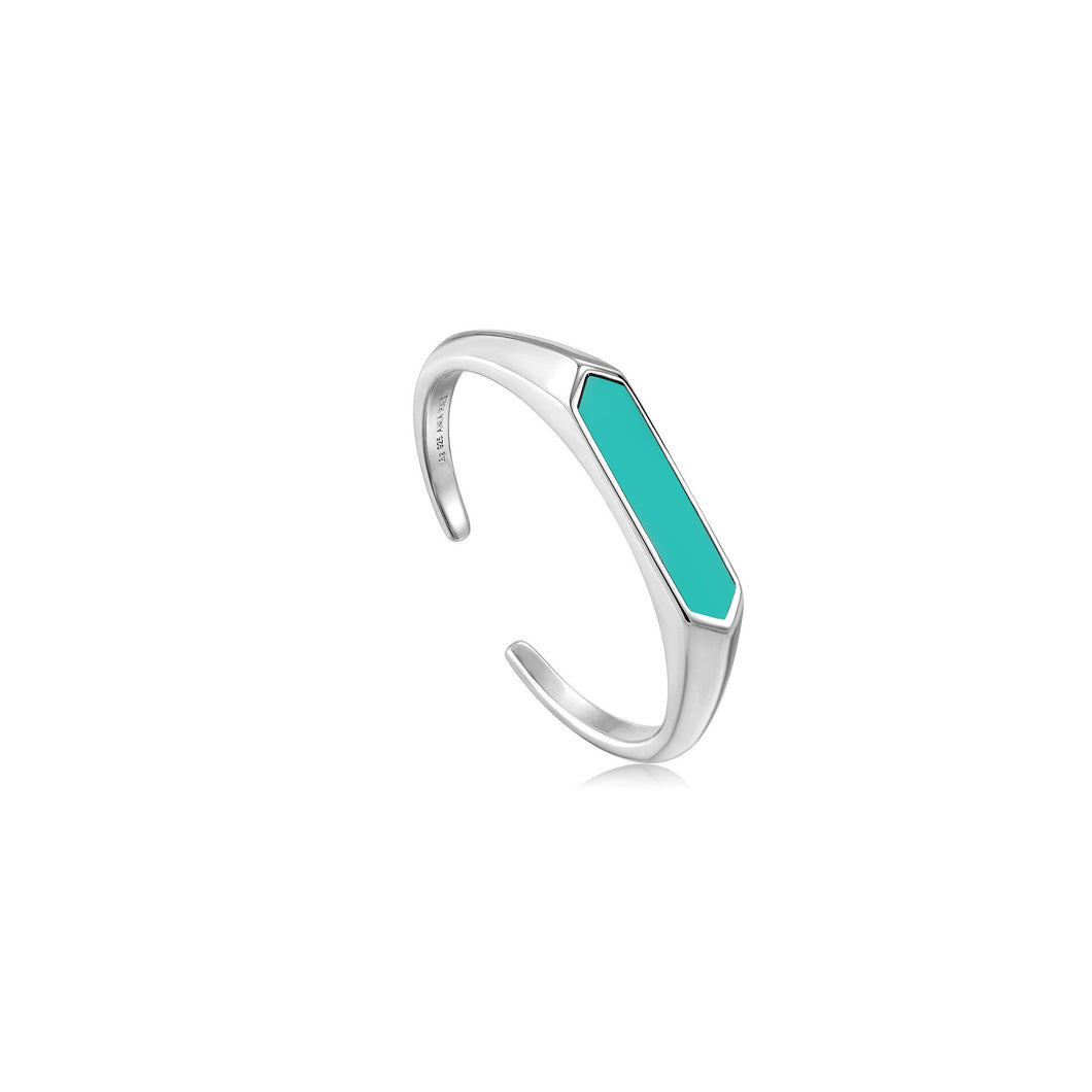 Teal Enamel Bar Silver Adjustable Ring